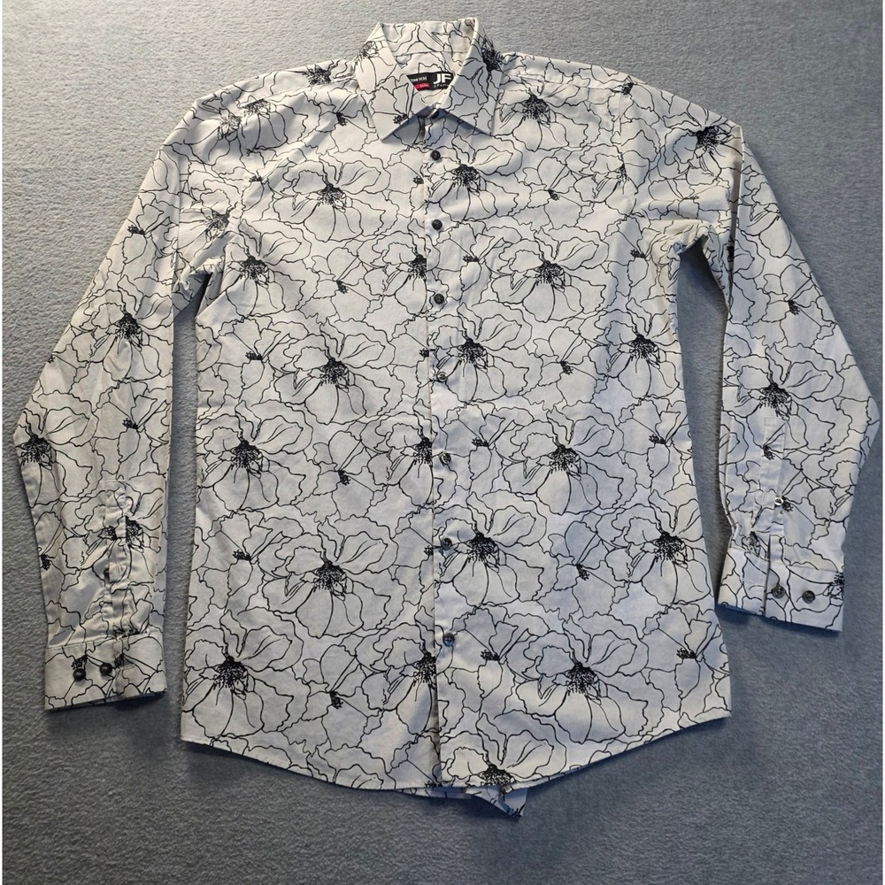 Mens Floral Shirt Button Down Slim Fit Large White Black Stretch Casual J Ferrar